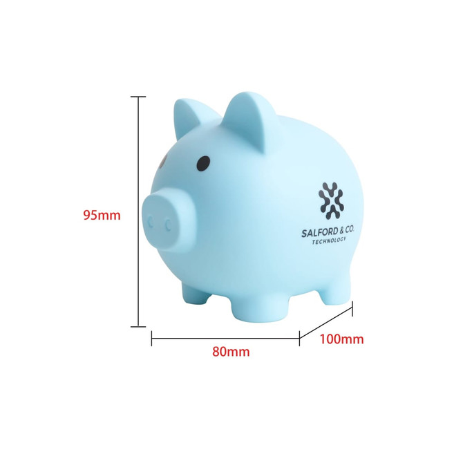 A light blue PVC piggy coin bank with a branding logo, featuring a cute design and rounded shape.