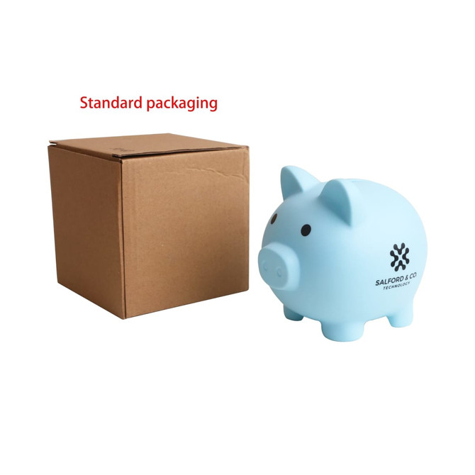 A light blue PVC piggy coin bank beside a plain brown box, featuring a logo on the bank.