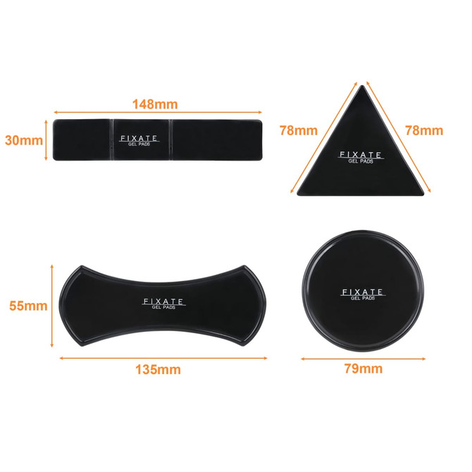 A set of black sticky nano rubber pads in various shapes, including rectangular, triangular, and oval, with dimensions.