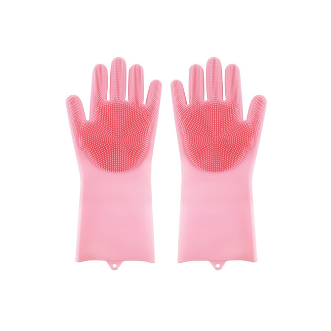 A pair of pink silicone gloves with textured palms for cleaning, featuring a smooth cuff and finger design.