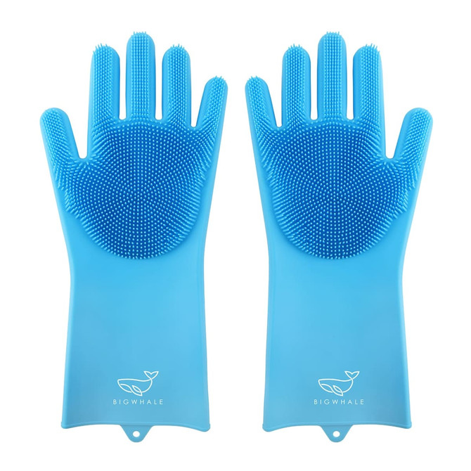 A pair of blue silicone cleaning gloves with textured surfaces for scrubbing, featuring a logo on the wrist area.
