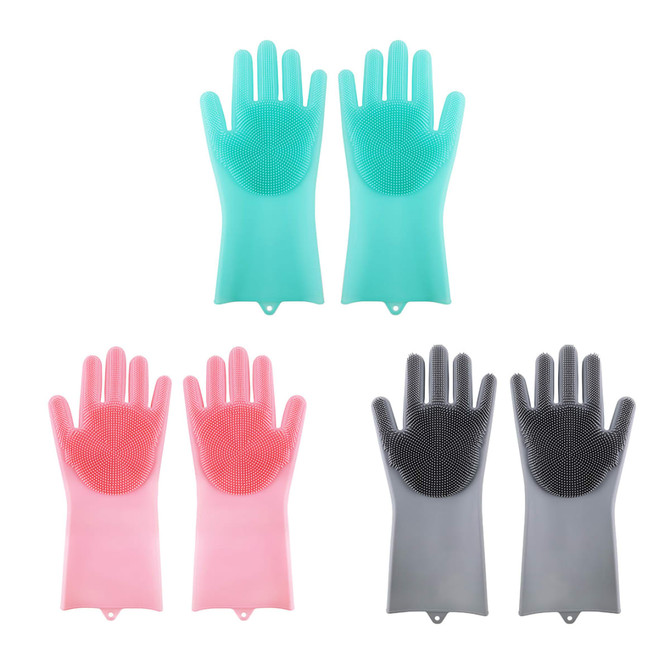 Silicone cleaning gloves in pink, grey, and teal, featuring textured surfaces for enhanced grip and cleaning effectiveness.