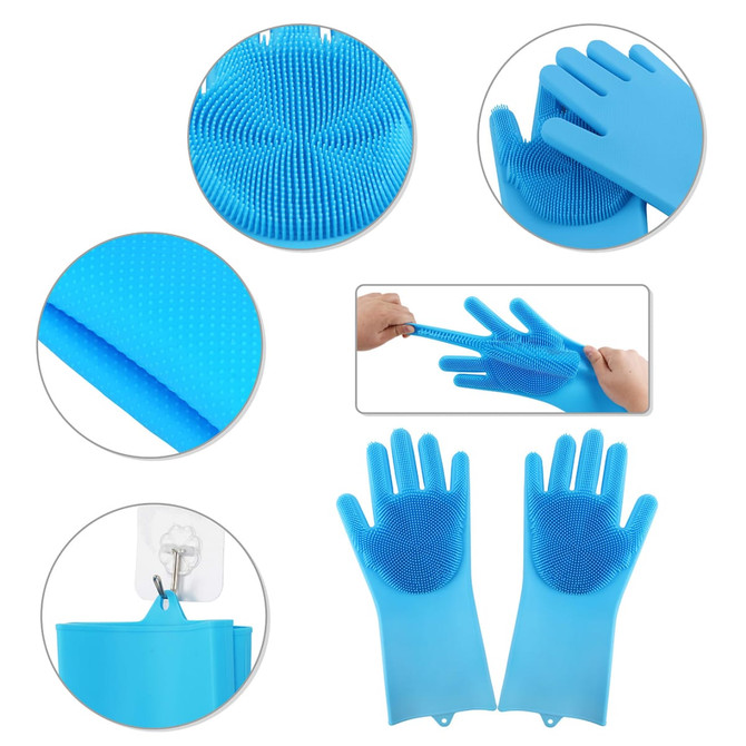 A pair of blue silicone gloves with textured grip surfaces, featuring circular cleaning brushes on the palms.