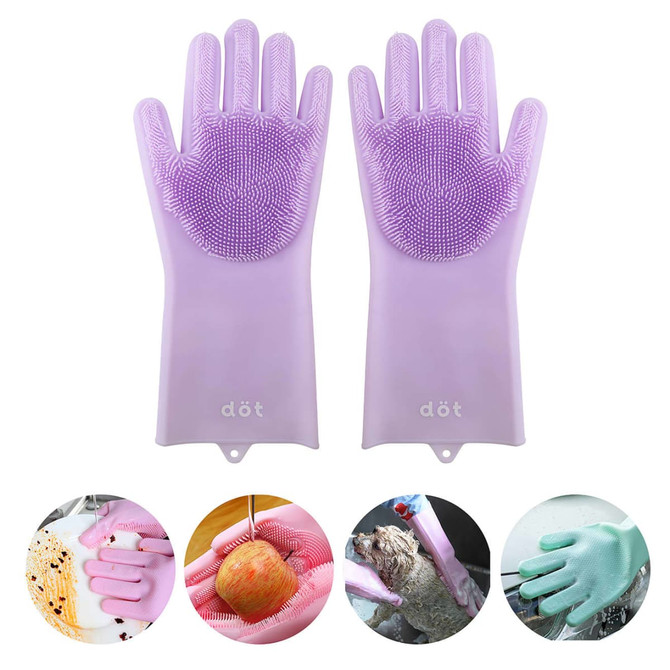 A pair of lavender silicone gloves with textured palms for cleaning, featuring a logo on the wrist area.