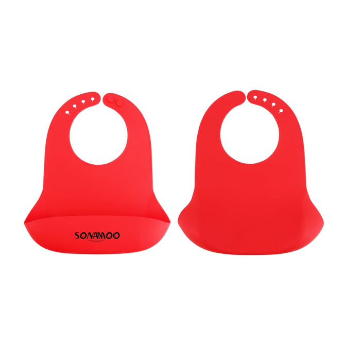 Red silicone bibs with snap closures, featuring a pocket for catching crumbs. Includes a branding logo.