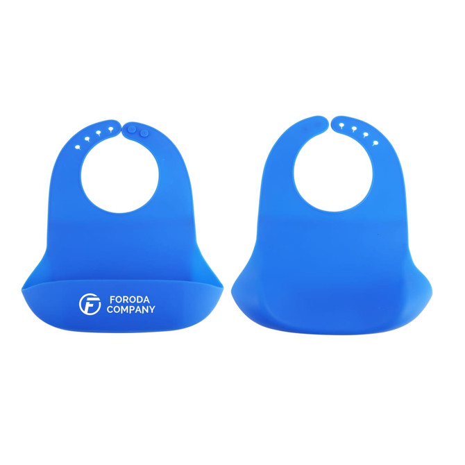 A blue silicone bib with a snap closure, featuring a pocket and a logo, displayed from two angles.