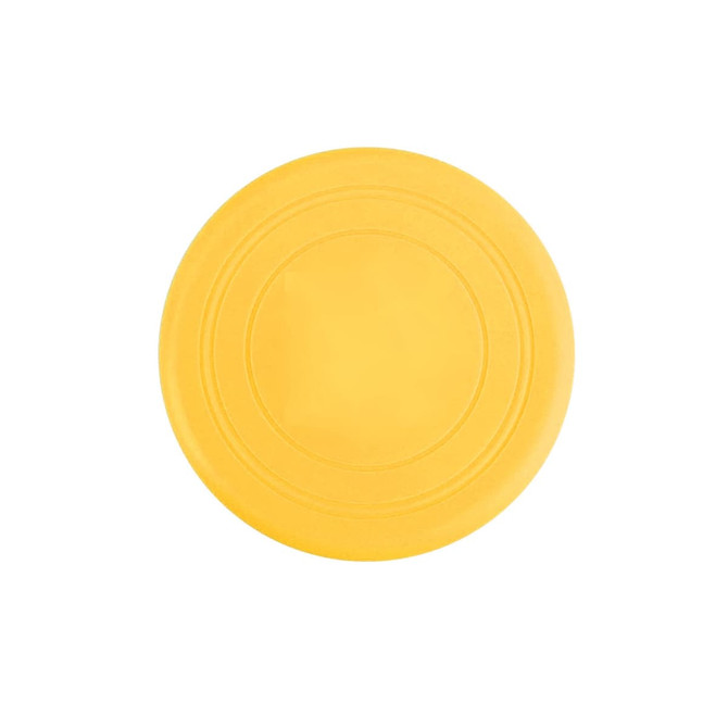 A yellow silicone frisbee with a smooth surface and circular shape. It features a logo at the centre.
