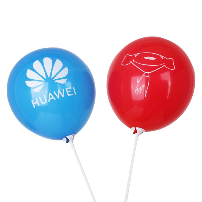 Two 30cm balloons in blue and red, one featuring a logo and the other an illustration of a character.