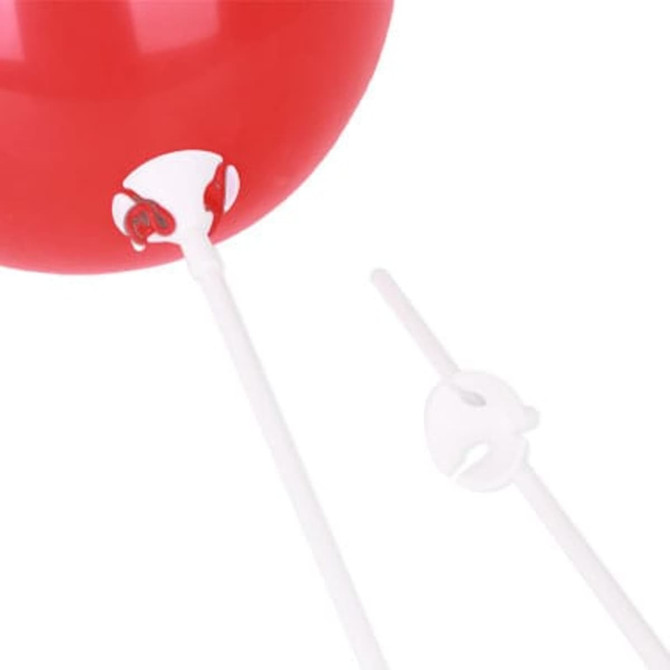 Red 30cm balloon with a white nozzle and stick, alongside a separate white stick.