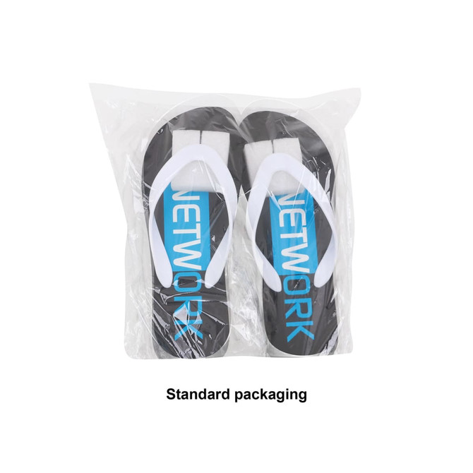 A pair of EVA Platform Classic Thongs in black and white with blue accents, packaged in a clear bag.