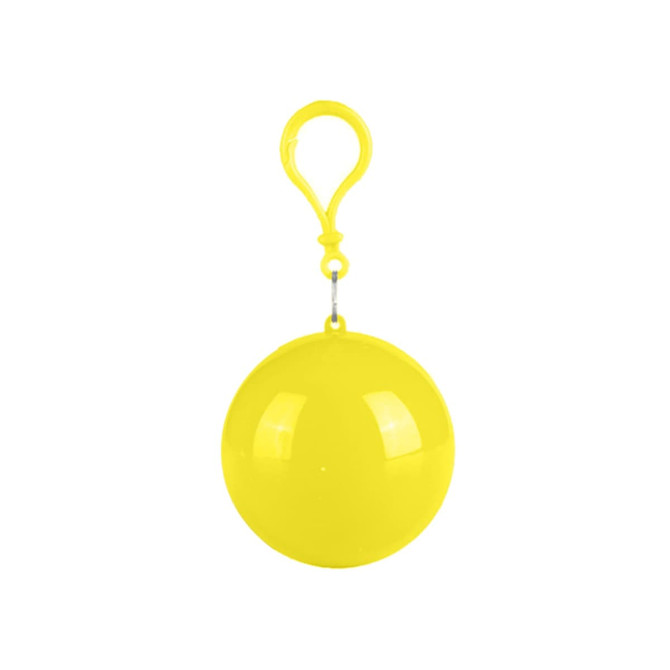 A yellow ball-shaped container with a clasp, designed for holding a rain poncho. It features a shiny surface.
