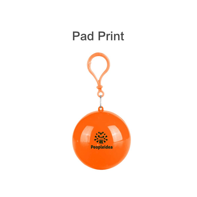 An orange ball with a clip and a logo, designed to contain a rain poncho.