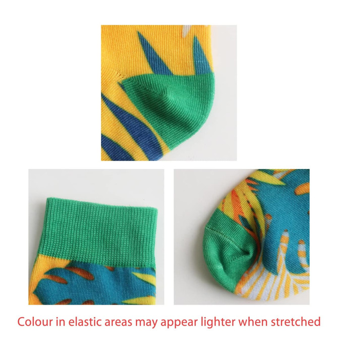Colourful digital printed socks featuring green and yellow tropical designs, with elastic areas that may appear lighter when stretched. Colourful digital printed socks featuring green and yellow tropical designs, with elastic areas that may appear lighter when stretched.