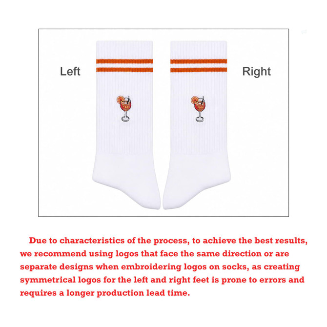 Crew Regular digital printed socks in white, featuring orange stripes and a decorative logo of a drink.