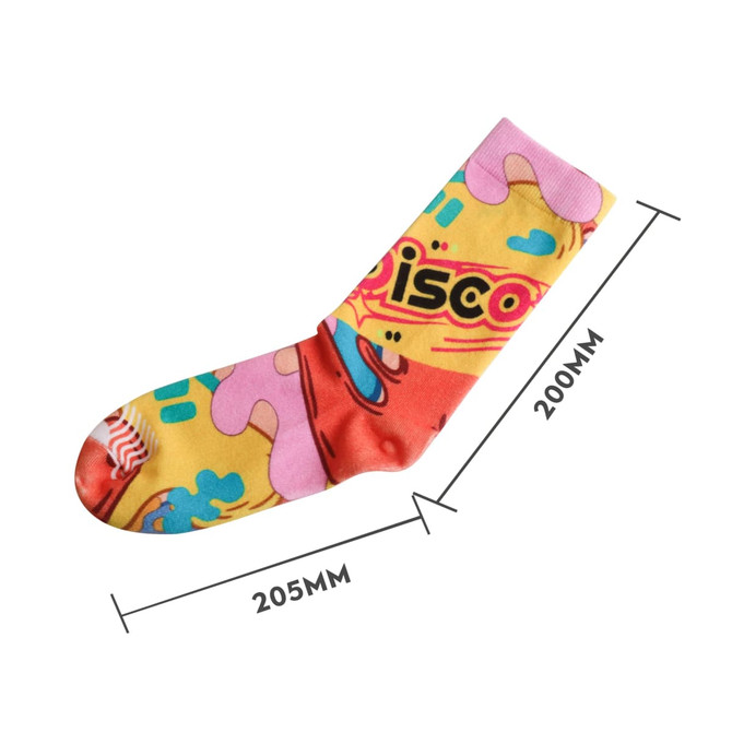 Brightly coloured sock featuring a playful design with pink, yellow, and blue elements. Includes a logo. Dimensions noted.