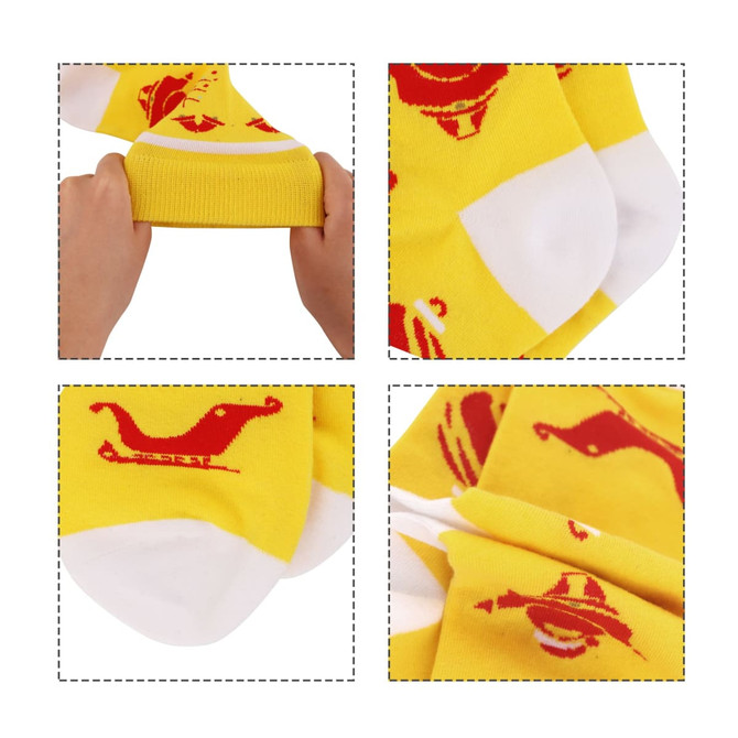 Bright yellow woven socks featuring playful red patterns, shown being stretched and folded. Includes a logo detail. Bright yellow woven socks featuring playful red patterns, shown being stretched and folded. Includes a logo detail.