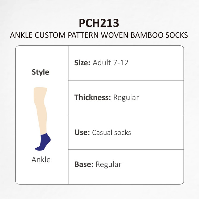 Ankle bamboo socks in a custom pattern, suitable for adults size 7-12, featuring a regular thickness and design. Ankle bamboo socks in a custom pattern, suitable for adults size 7-12, featuring a regular thickness and design.