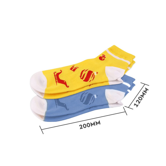 Ankle custom pattern woven socks in yellow and blue, featuring assorted playful designs and a logo. Ankle custom pattern woven socks in yellow and blue, featuring assorted playful designs and a logo.