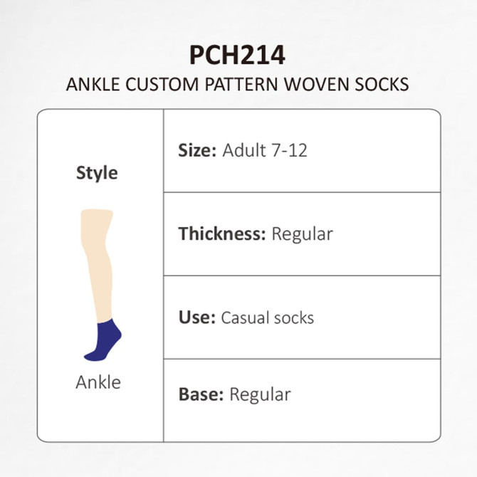 Ankle custom pattern woven socks in various colours, suitable for adults sizes 7-12, with a regular thickness. Ankle custom pattern woven socks in various colours, suitable for adults sizes 7-12, with a regular thickness.