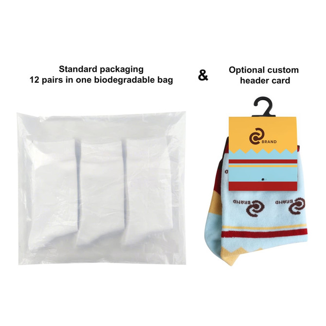 A pack of 12 pairs of ankle socks in a biodegradable bag, featuring a colourful custom pattern and a header card. A pack of 12 pairs of ankle socks in a biodegradable bag, featuring a colourful custom pattern and a header card.