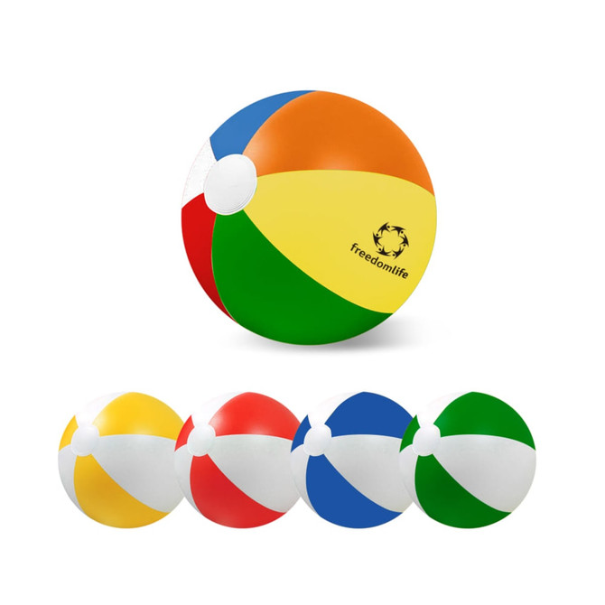 An inflatable beach ball featuring multiple colours, including red, yellow, green, and blue, with a logo.