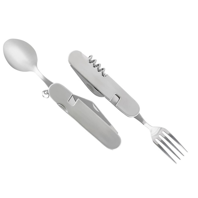 A multi-functional camping cutlery tool in silver, featuring a spoon, fork, and corkscrew. It has a sleek design with a logo.