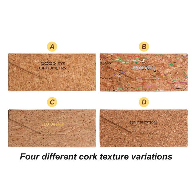 Four foldable cork glasses cases displayed in different cork textures, featuring various logos and a natural tan colour.