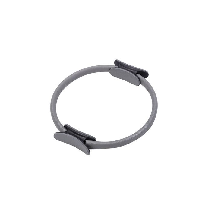A grey Pilates circle featuring black handles, designed for fitness and exercise.