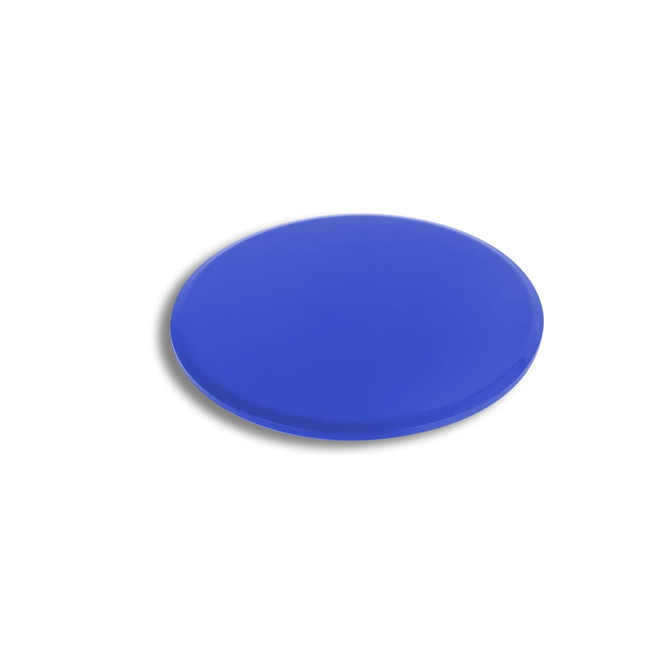 A blue yoga sliding disk with a smooth, round surface and a glossy finish. Features a simple logo.