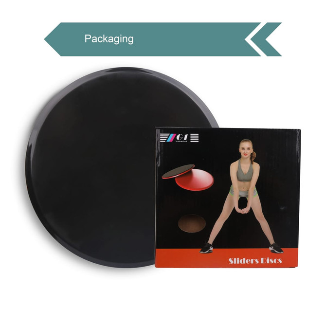 A black yoga sliding disk alongside its packaging, featuring an image of a person demonstrating its use.