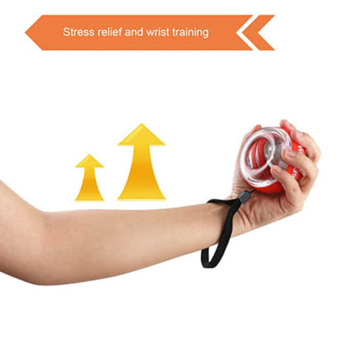 A red wrist ball with a black strap, designed for stress relief and wrist training. Features a logo.