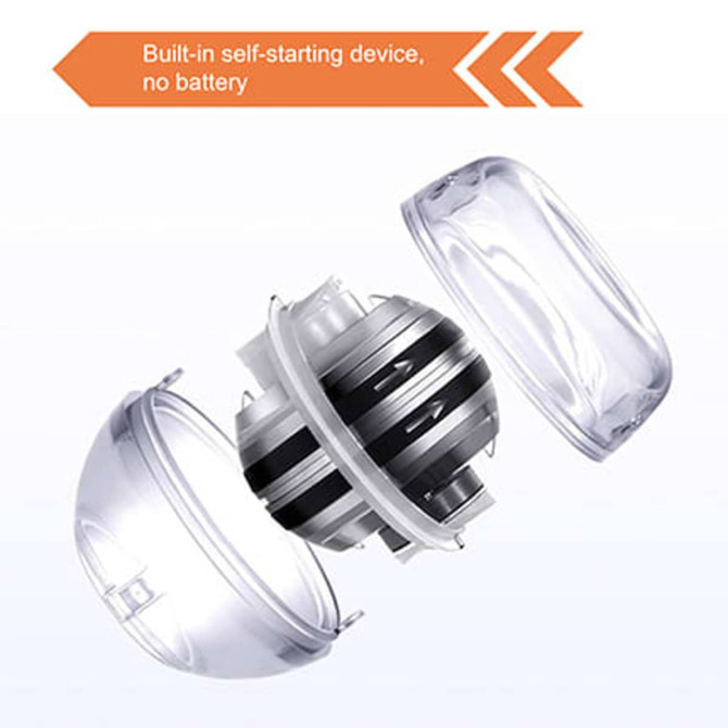 A transparent, circular device with black stripes, featuring a built-in self-starting mechanism. It includes a casing.