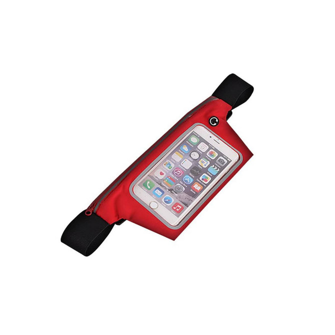A red sports waist bag with a transparent front pocket for a phone, featuring adjustable straps and a logo.