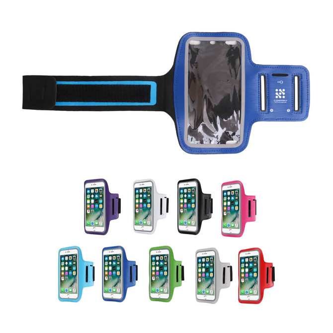 A blue cell phone arm band with a clear window, available in multiple colours including pink, black, and purple.
