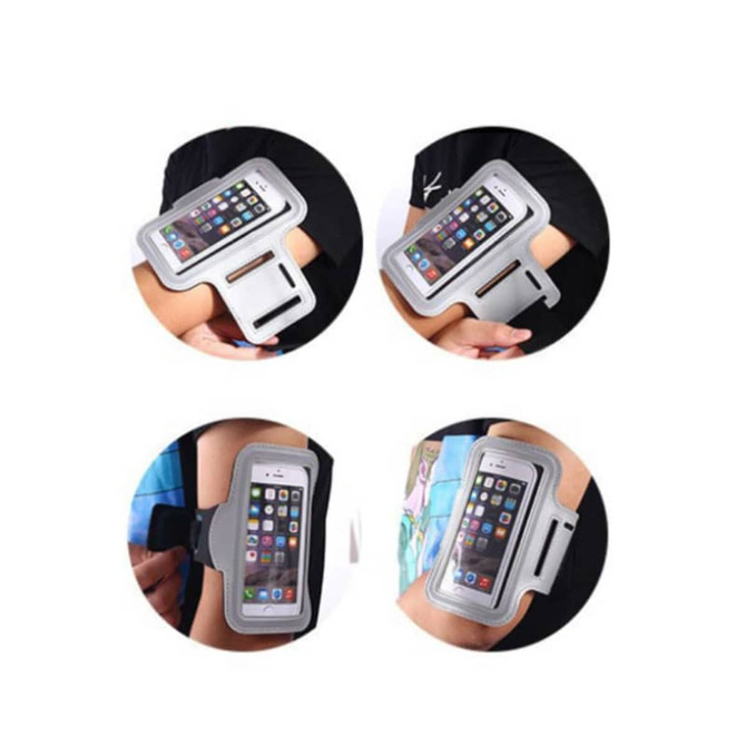 A grey cell phone arm band with a transparent front, designed to hold a smartphone securely on the arm.