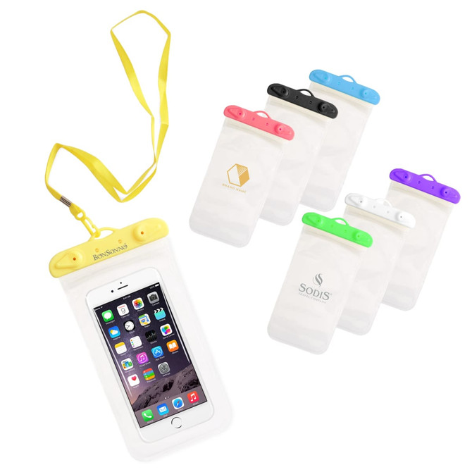 A waterproof mobile pouch in multiple colours including yellow, black, white, green, and purple, with a neck strap.