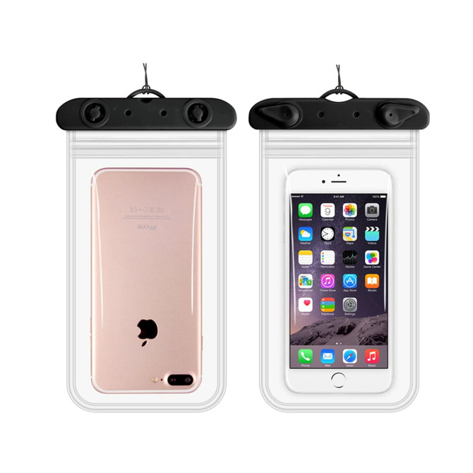 A clear waterproof mobile pouch with a black top, containing a gold phone and displaying its screen.