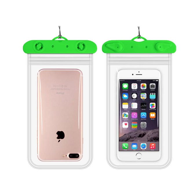 A green waterproof mobile pouch with a clear front and back, displaying a phone on both sides.