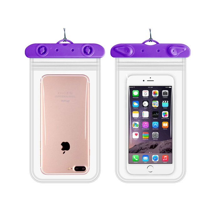 A waterproof mobile pouch in clear plastic with purple accents, showcasing a smartphone inside and outside.