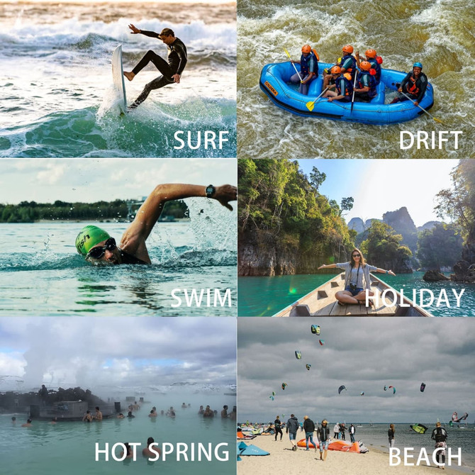 A collage of water activities featuring surfing, rafting, swimming, a holiday setting, hot springs, and beach scenes.
