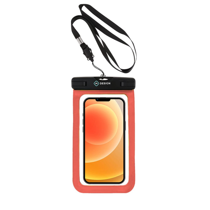 A waterproof phone bag in red with a black strap, featuring a transparent front for phone display. A waterproof phone bag in red with a black strap, featuring a transparent front for phone display.