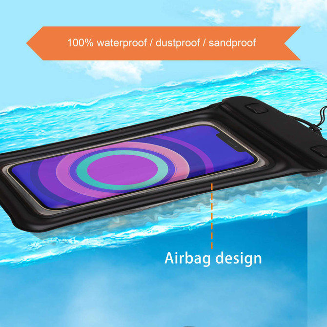 A waterproof black cellphone dry bag with an airbag design, floating on water, showcasing a colourful phone screen inside.