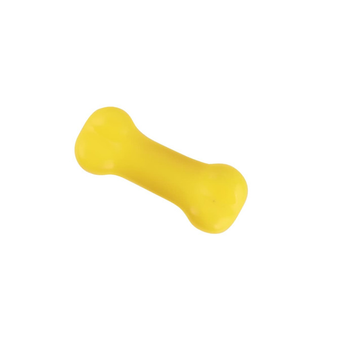 A yellow PVC dog bone toy with a smooth, shiny surface. It features a simple, playful design.