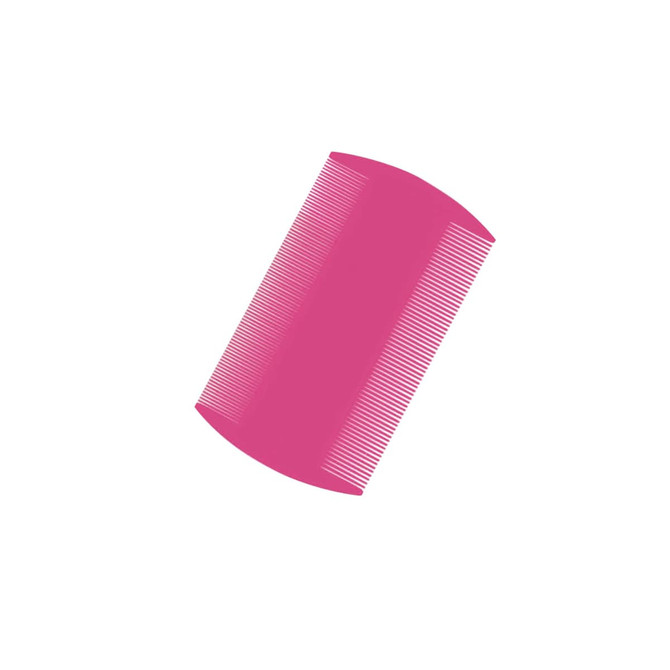 A pink pet flea comb with a curved design, featuring fine teeth for effective grooming.