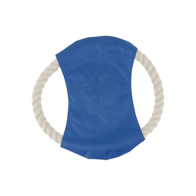A blue Frisbee dog toy featuring a soft centre and rope handles. The toy includes branding on it. A blue Frisbee dog toy featuring a soft centre and rope handles. The toy includes branding on it.