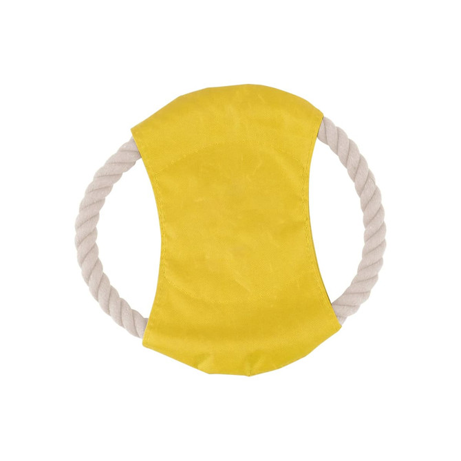 A yellow rope frisbee dog toy featuring a soft fabric centre and sturdy rope edges. A yellow rope frisbee dog toy featuring a soft fabric centre and sturdy rope edges.