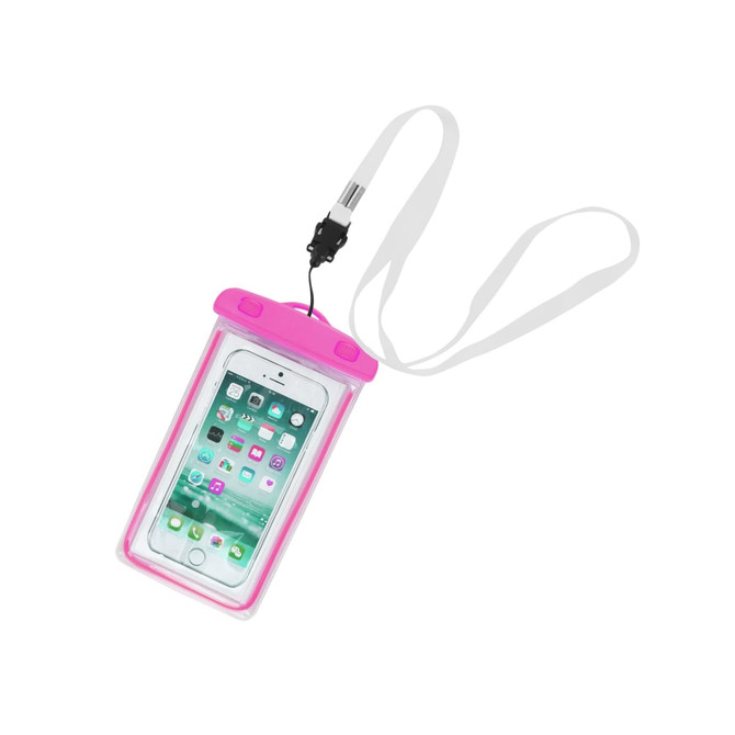 A waterproof phone bag in pink with a clear front, featuring a strap for hanging and a logo on the cover.