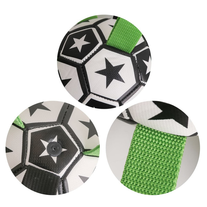 A dog soccer ball in black, white, and green, featuring star patterns and grab tabs for easy handling. A dog soccer ball in black, white, and green, featuring star patterns and grab tabs for easy handling.