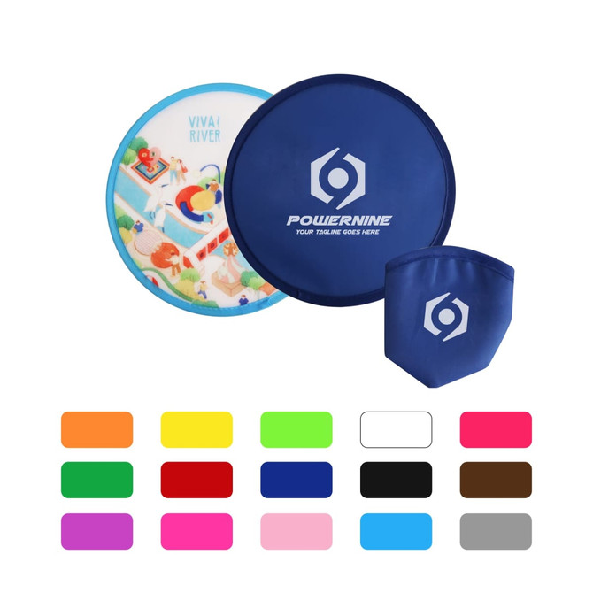 A foldable frisbee in blue with an accompanying pouch, alongside various colour options displayed below. A foldable frisbee in blue with an accompanying pouch, alongside various colour options displayed below.