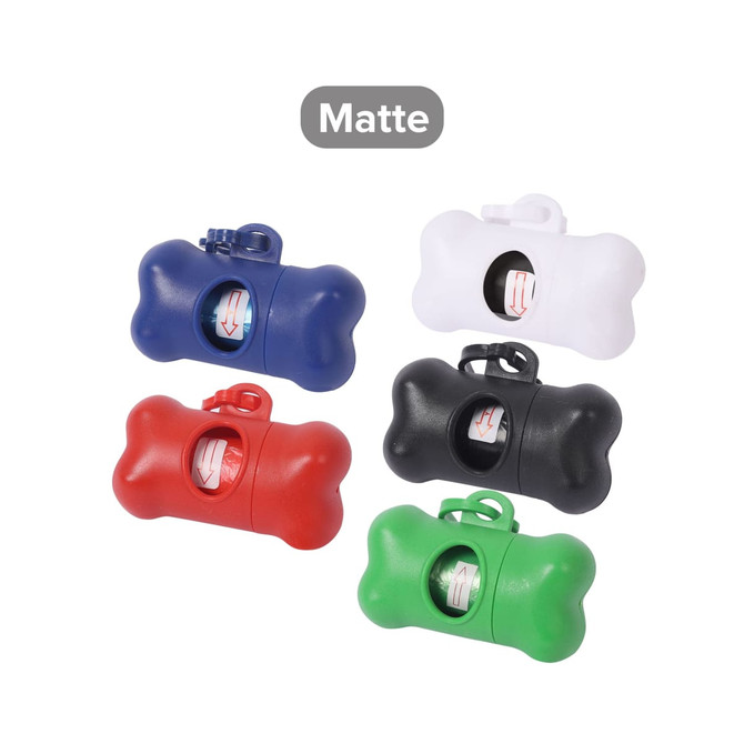 A collection of five matte pet waste bag dispensers in red, blue, white, black, and green, shaped like bones. A collection of five matte pet waste bag dispensers in red, blue, white, black, and green, shaped like bones.